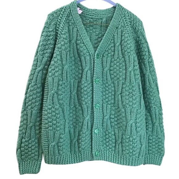 Sweaters - Cable Knit Cardigan V-neck Sweater, Green Teal, Size L